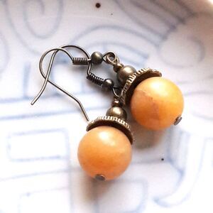 Yellow Quartz Antique Bronze Hooks Hidden Meaning earrings Earthy Bohemian  504■